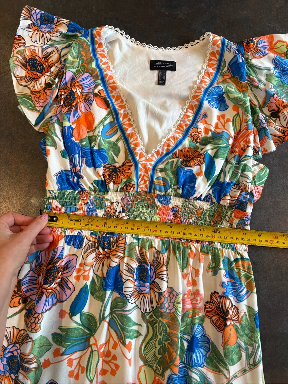 Adrianna Papell Blue and Orange Floral Smocked Maxi Dress 2 - Picture 2 of 9